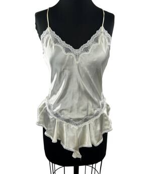 VTG Woolite Sheri Gregory White Silky Satin Lace Teddy Ruff Bodysuit Lingerie S